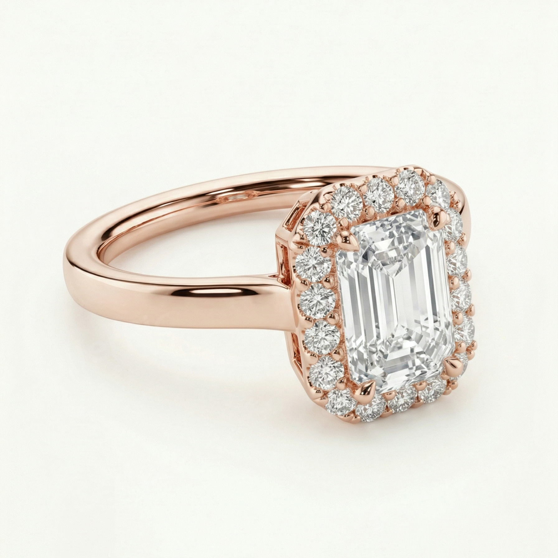 Rausvo aukso emerald cut halo žiedas su laboratoriniu deimantu